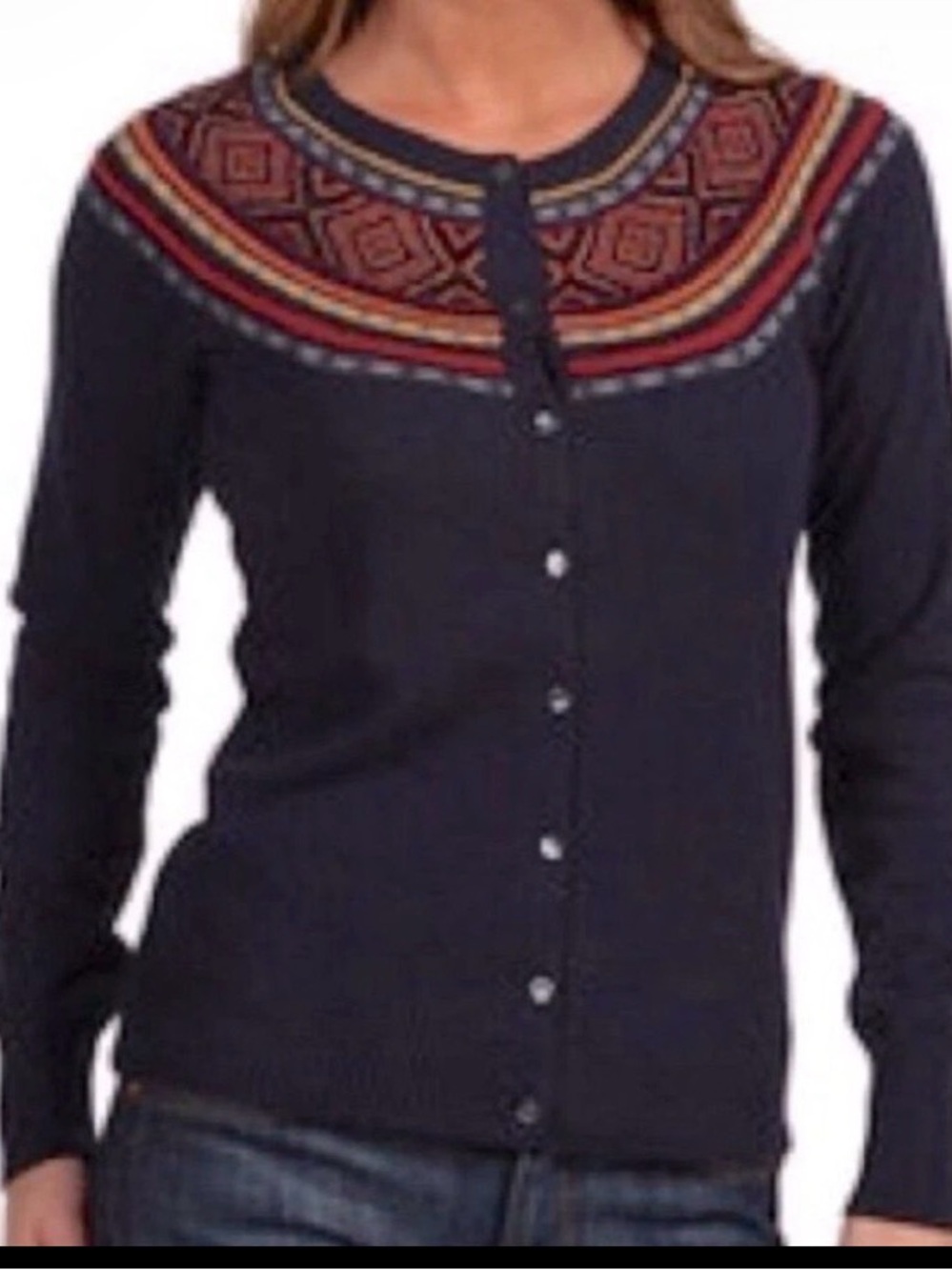 Lucky Brand Navy Cardigan with Red & Orange Fair Isle Yoke